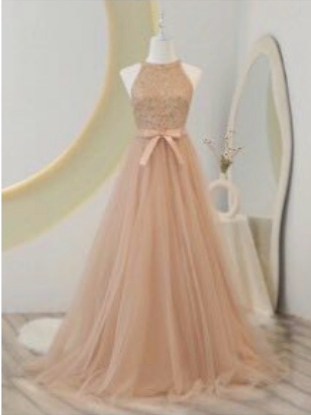 SHEIN Champagne Sequin Halter Tulle Gown